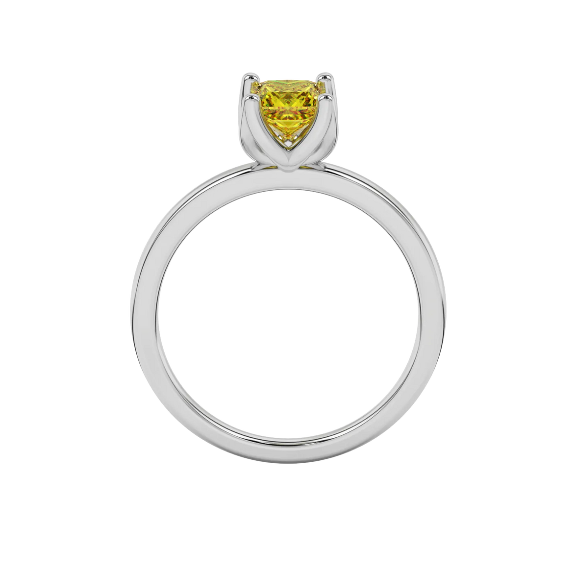 Princess canary yellow gemstone ring, white gold tulip basket setting.