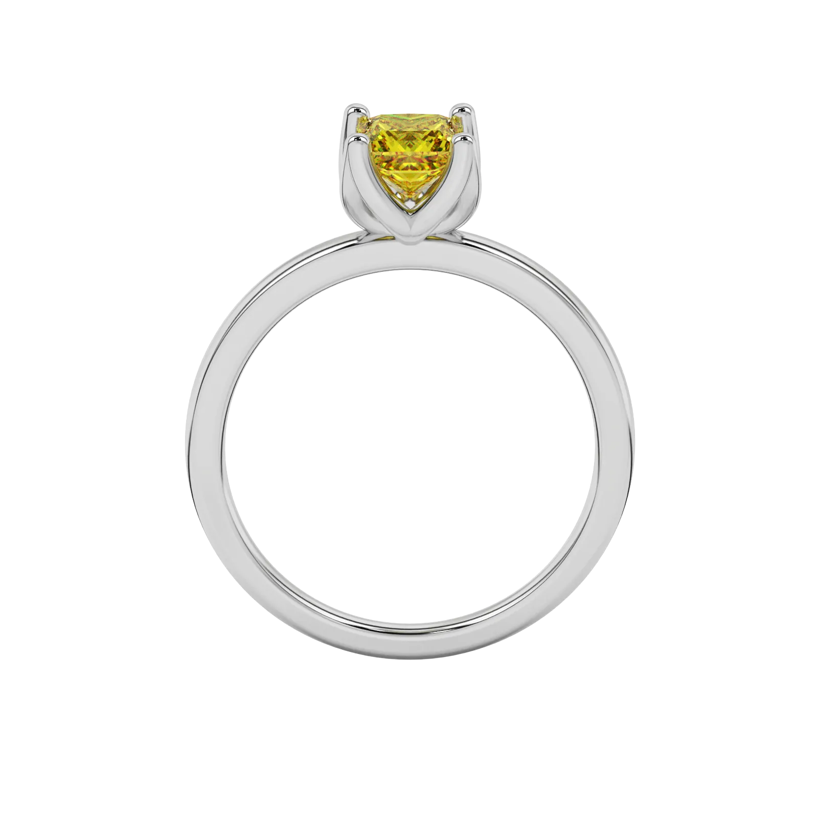 Princess canary yellow gemstone ring, white gold tulip basket setting.