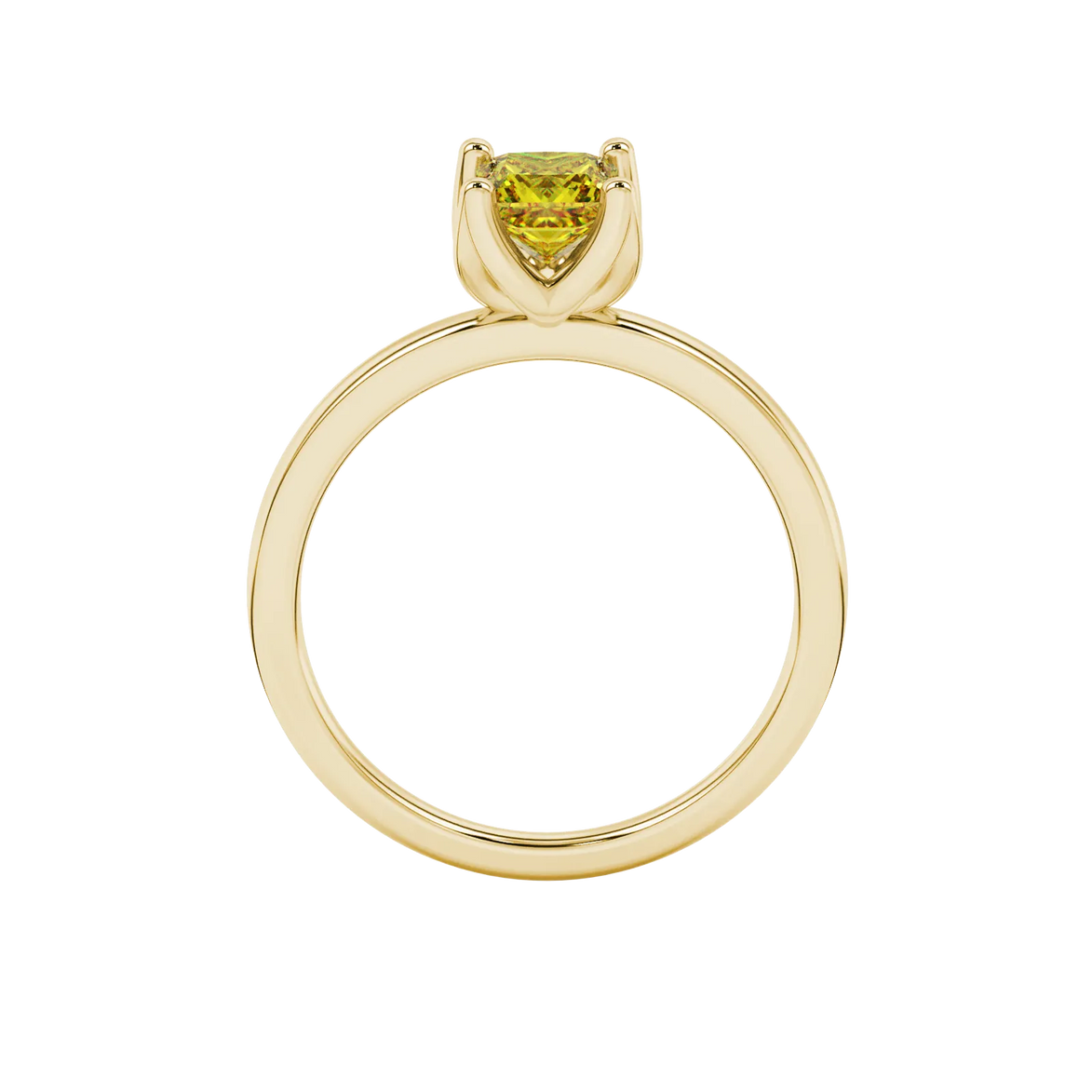 Princess canary yellow gemstone ring, yellow gold tulip basket setting.