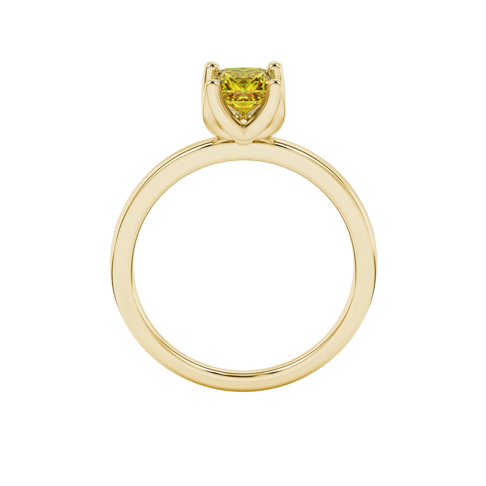 Princess canary yellow gemstone ring, yellow gold tulip basket setting.