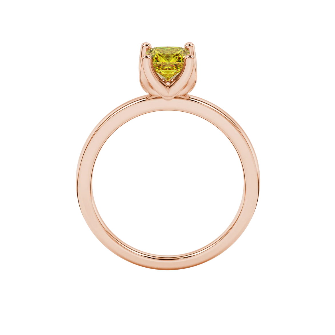 Princess canary yellow gemstone ring, rose gold tulip basket setting.