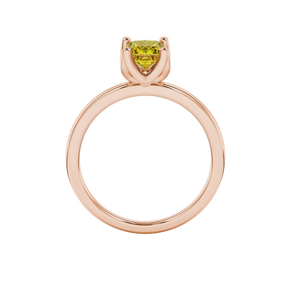Princess canary yellow gemstone ring, rose gold tulip basket setting.