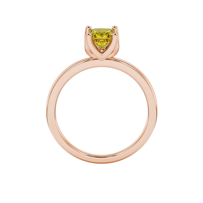 Princess canary yellow gemstone ring, rose gold tulip basket setting.