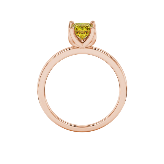 Princess canary yellow gemstone ring, rose gold tulip basket setting.