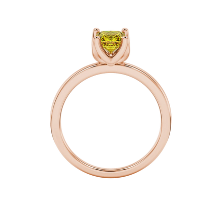 Princess canary yellow gemstone ring, rose gold tulip basket setting.