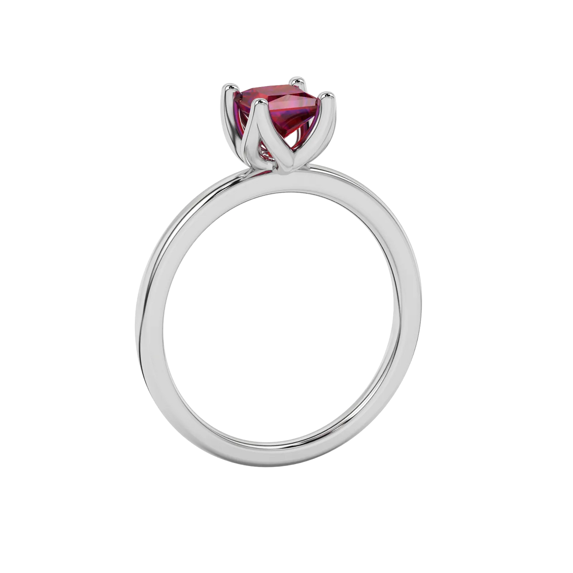 Side profile, white gold raspberry red ring, tulip basket gallery.