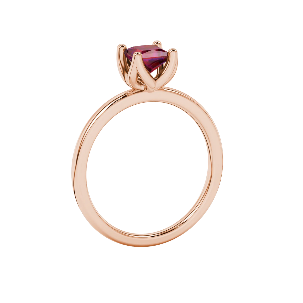 Side profile, rose gold raspberry red ring, tulip basket gallery.