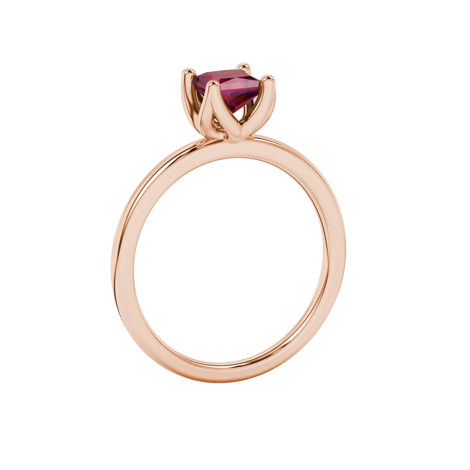 Side profile, rose gold raspberry red ring, tulip basket gallery.