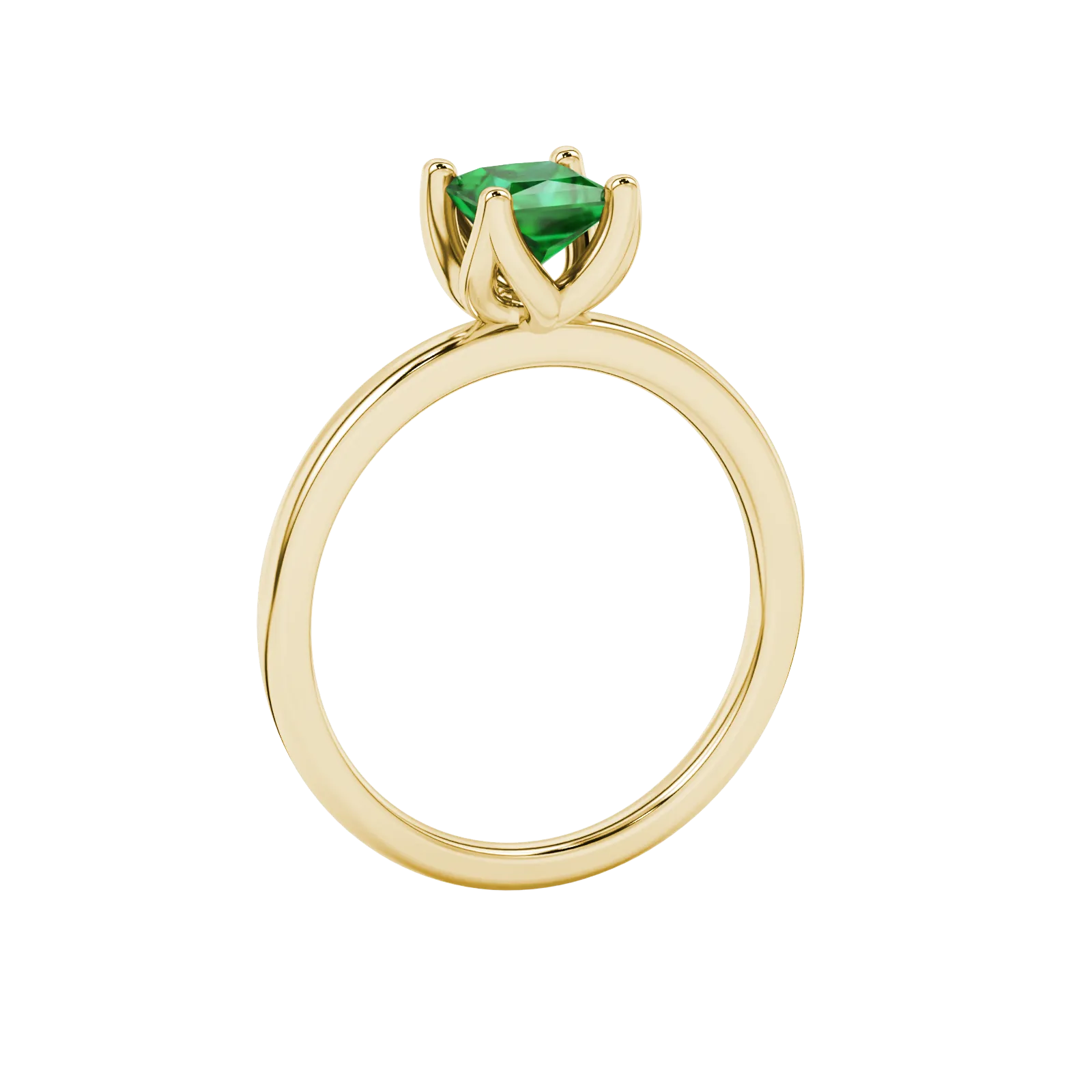Side profile, yellow gold emerald green ring, tulip basket gallery.