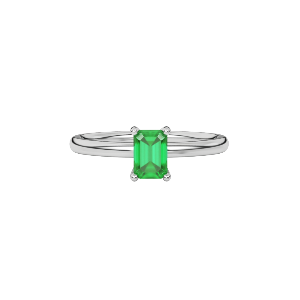 Emerald cut green gemstone solitaire ring in double band gold setting