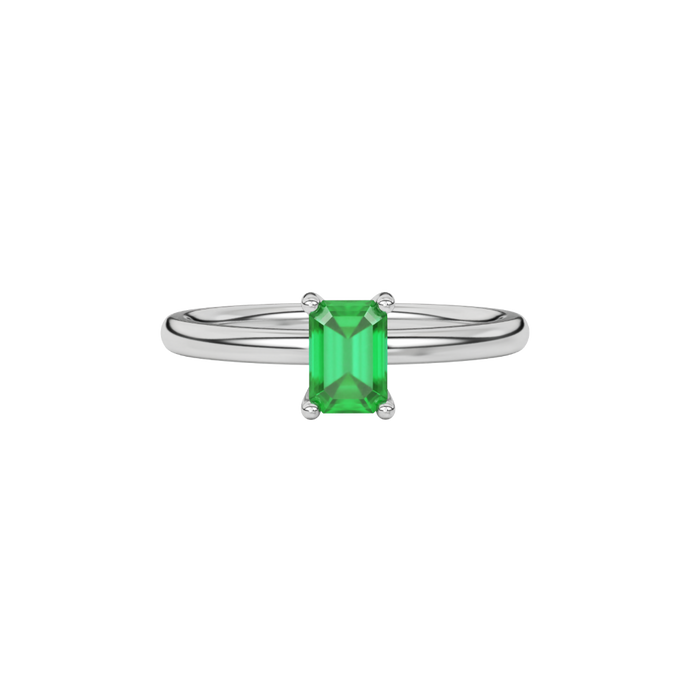 Emerald cut green gemstone solitaire ring in double band gold setting