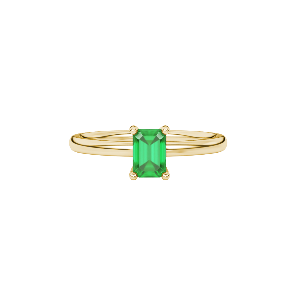 Emerald cut green gemstone solitaire ring in double band gold setting