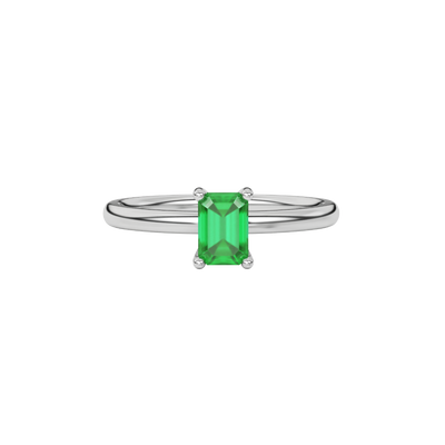 Emerald cut green gemstone solitaire ring in double band gold setting