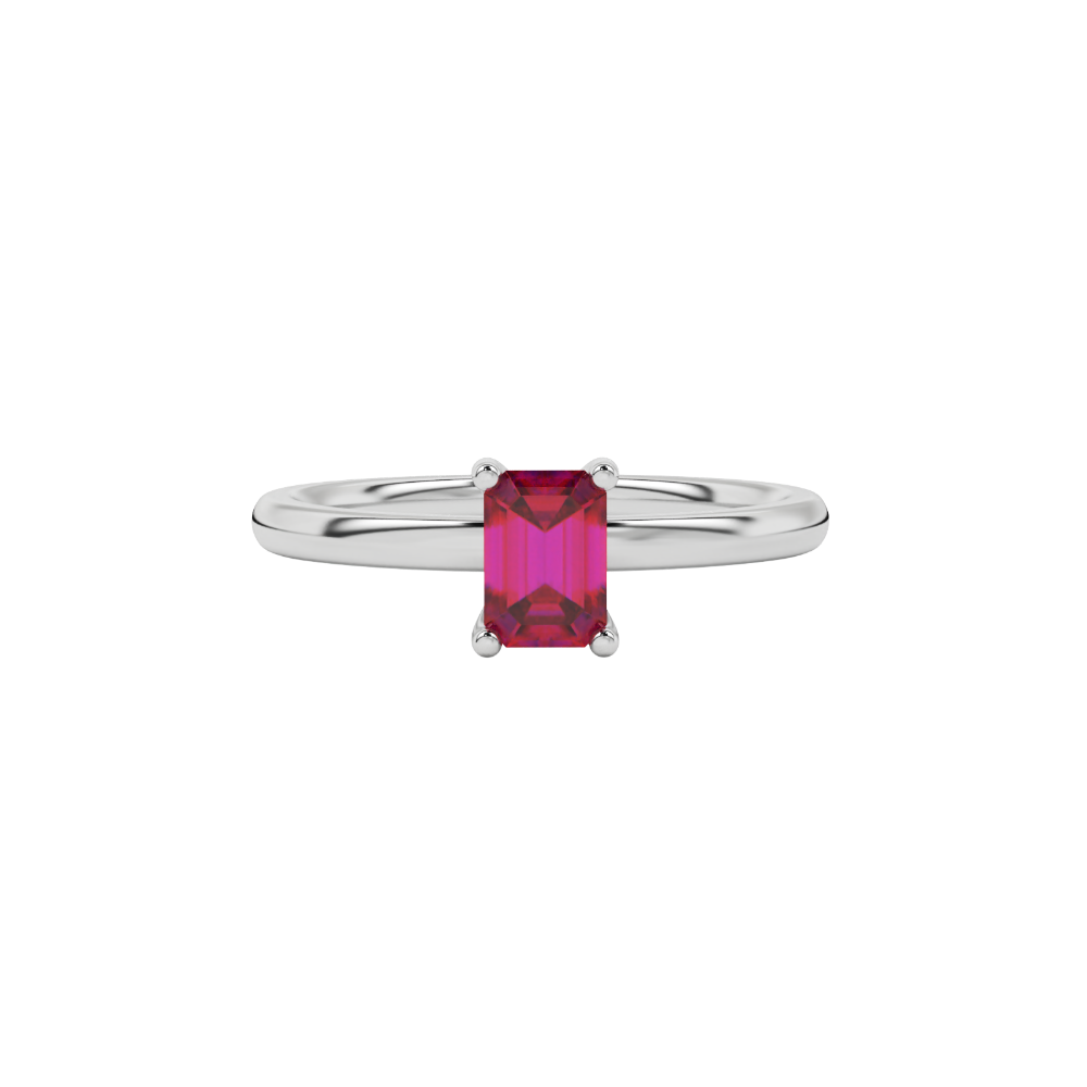 Emerald cut red gemstone solitaire ring with modern double shank design