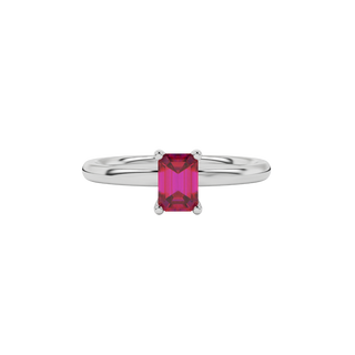 raspberry red emerald cut solitaire gemstone ring with hidden diamond accent in white gold