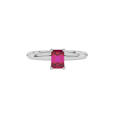 raspberry red emerald cut solitaire gemstone ring with hidden diamond accent in white gold