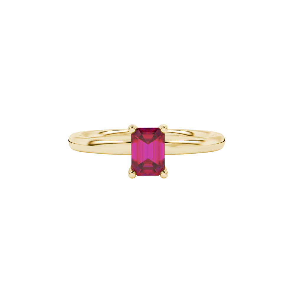 Emerald cut red gemstone solitaire ring with modern double shank design