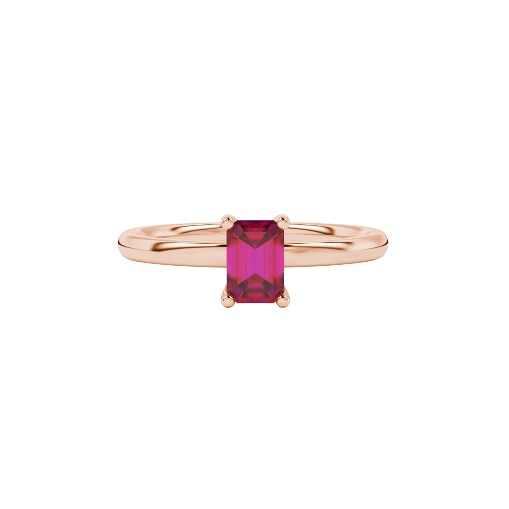 Emerald cut red gemstone solitaire ring with modern double shank design