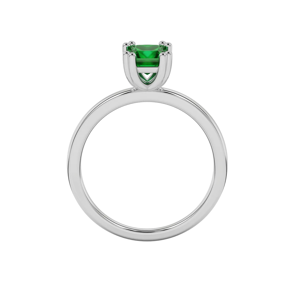 Princess emerald green gemstone ring, white gold vintage basket setting.