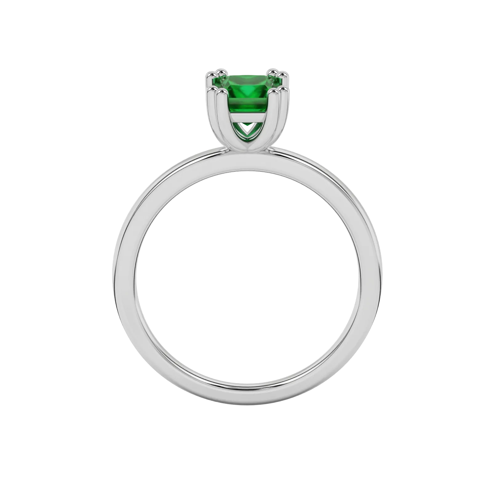 Princess emerald green gemstone ring, white gold vintage basket setting.