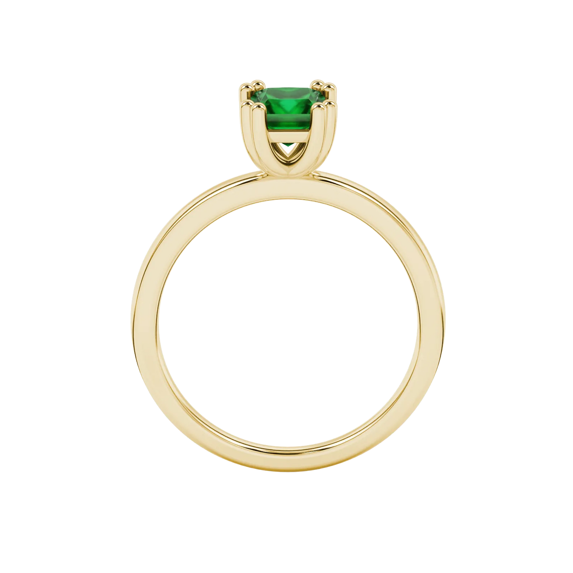 Princess emerald green gemstone ring, yellow gold vintage basket setting.