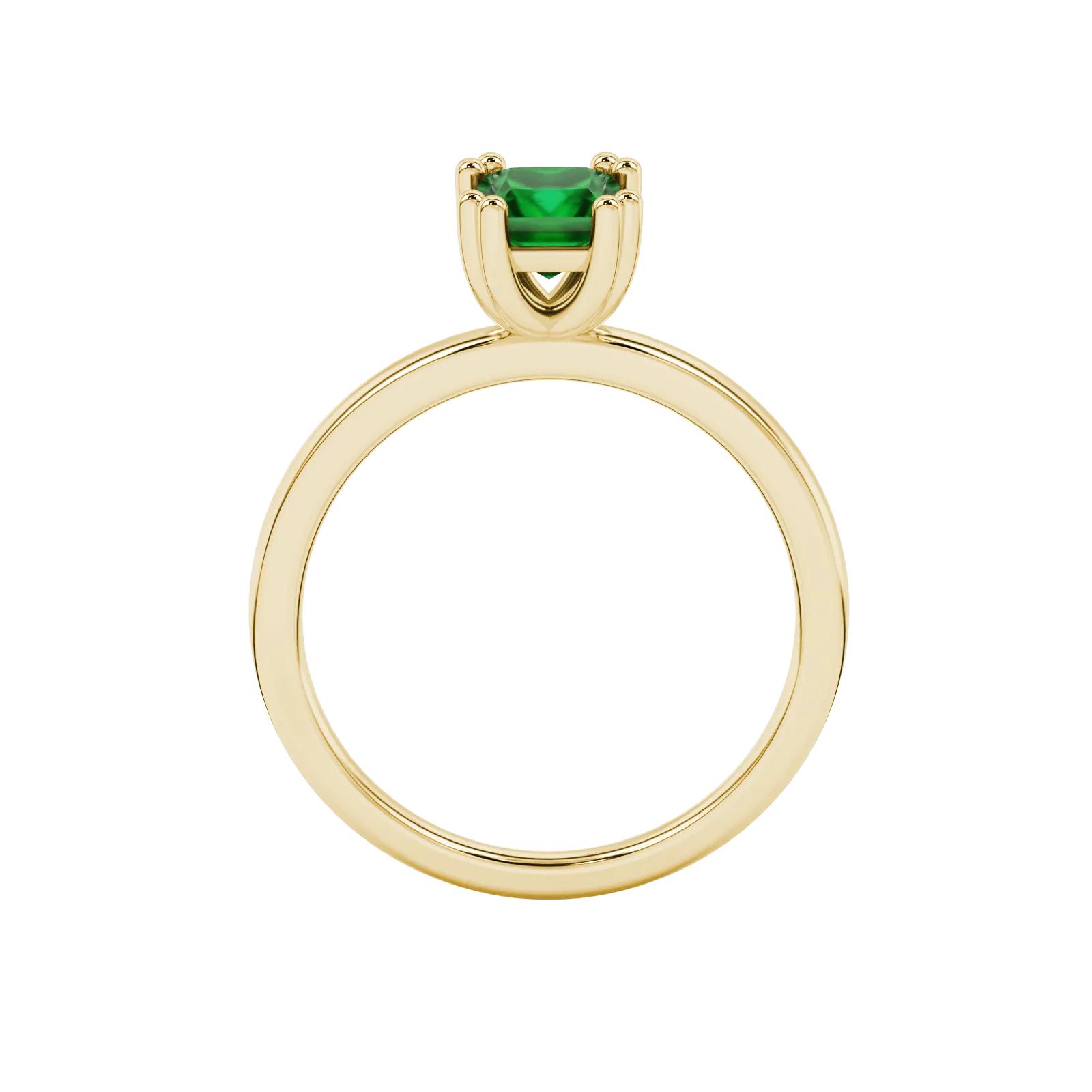 Princess emerald green gemstone ring, yellow gold vintage basket setting.