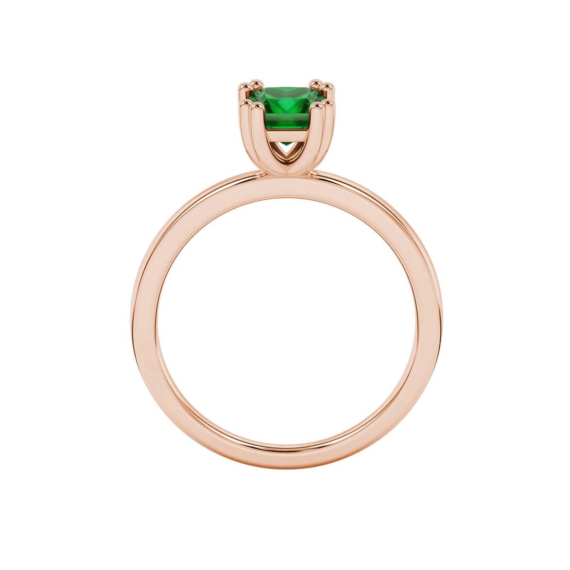 Princess emerald green gemstone ring, rose gold vintage basket setting.