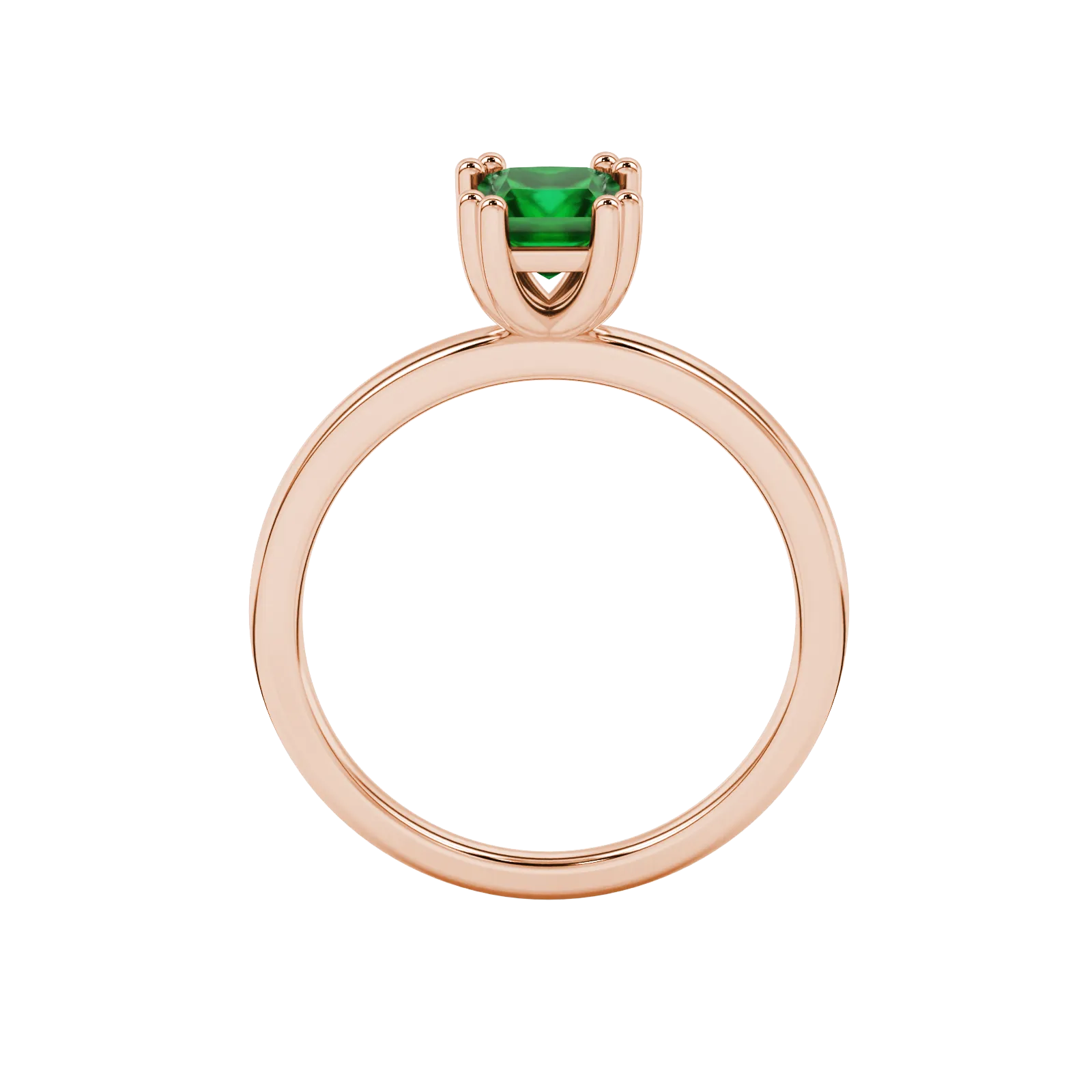 Princess emerald green gemstone ring, rose gold vintage basket setting.