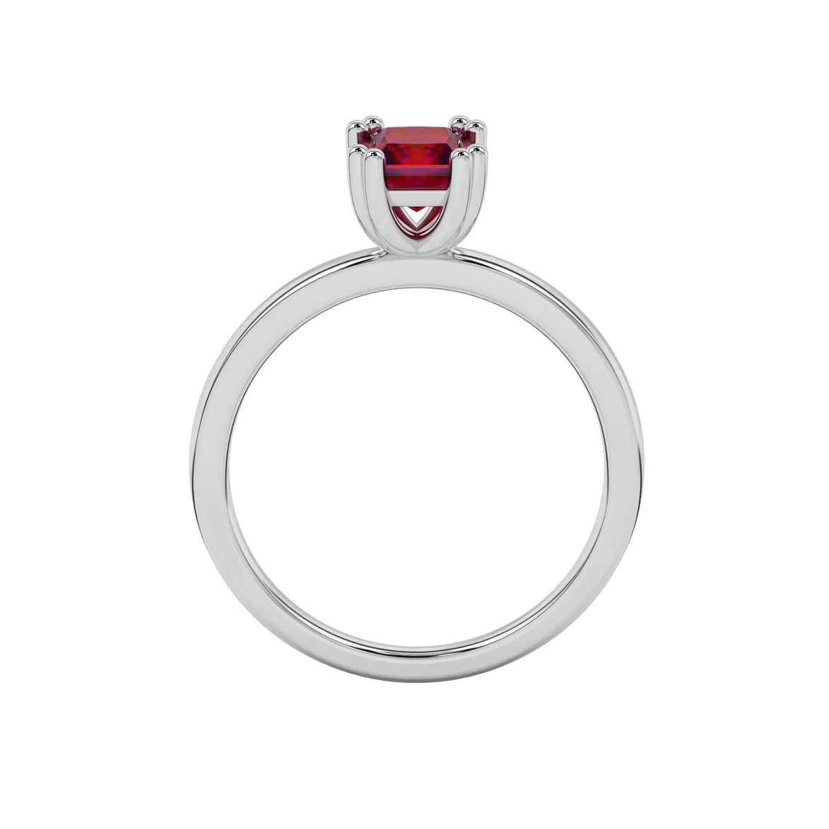 Princess raspberry red gemstone ring, white gold vintage basket setting.