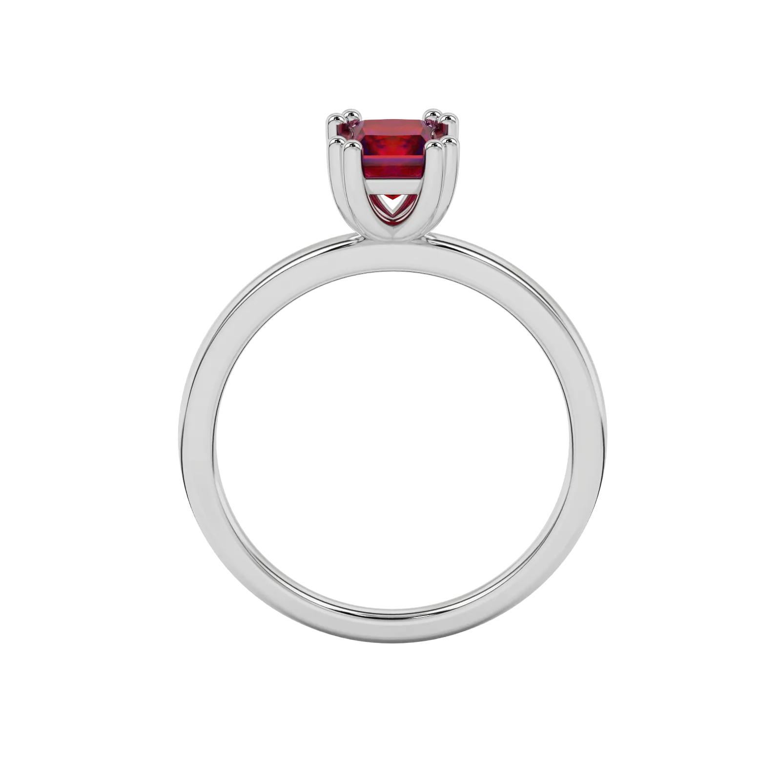 Princess raspberry red gemstone ring, white gold vintage basket setting.