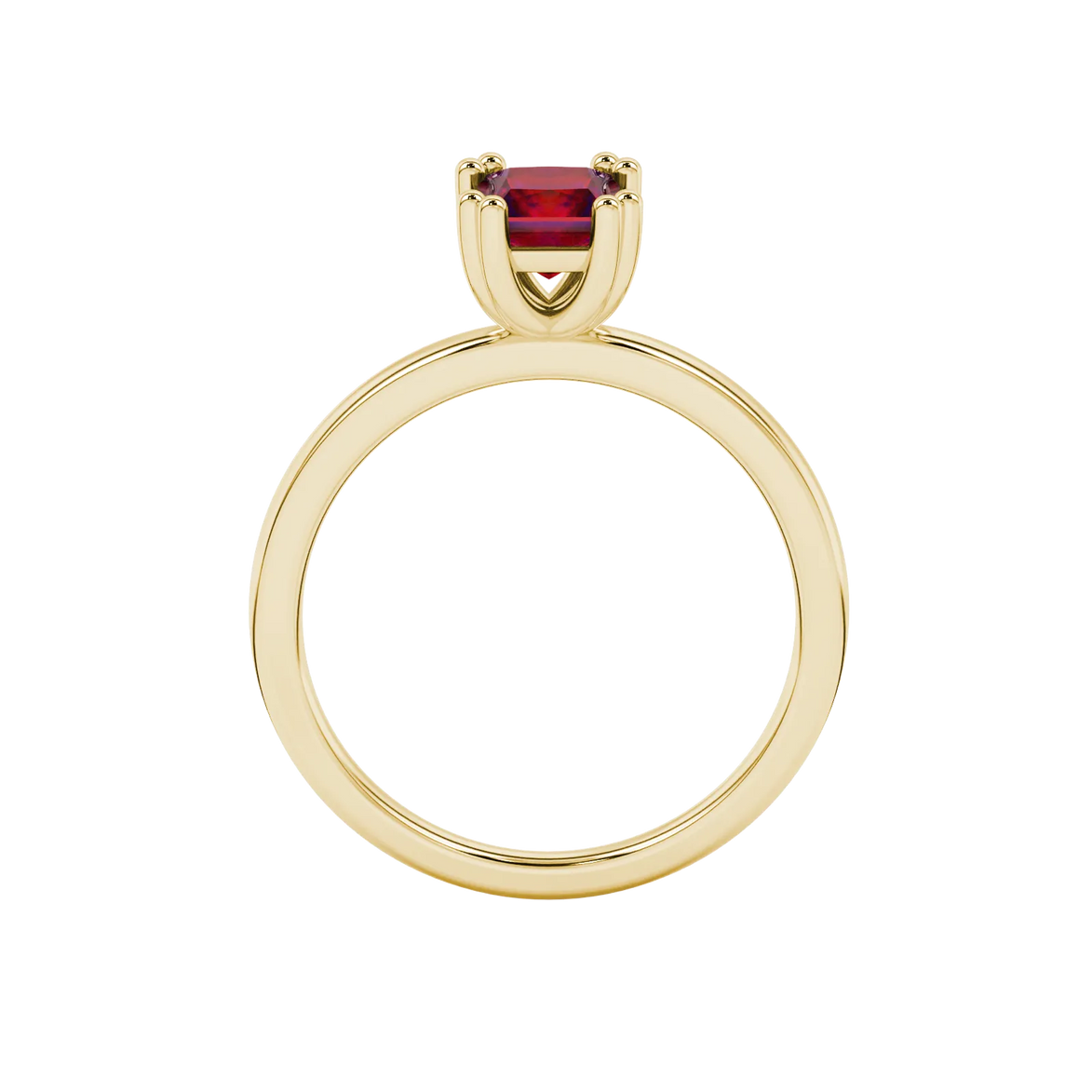 Princess raspberry red gemstone ring, yellow gold vintage basket setting.
