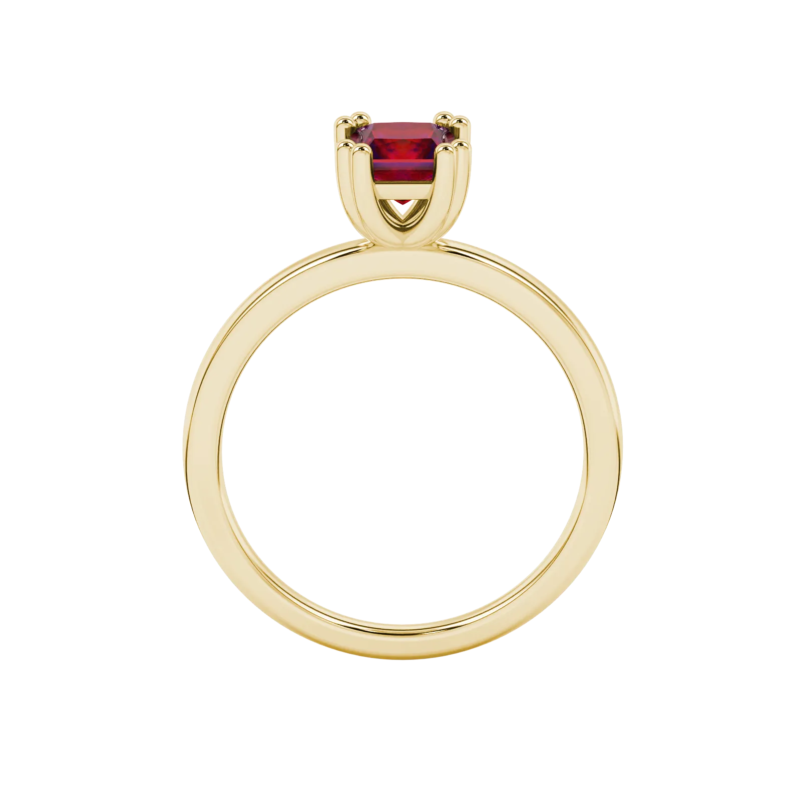 Princess raspberry red gemstone ring, yellow gold vintage basket setting.