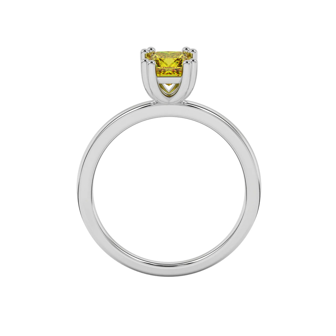 Princess canary yellow gemstone ring, white gold vintage basket setting.
