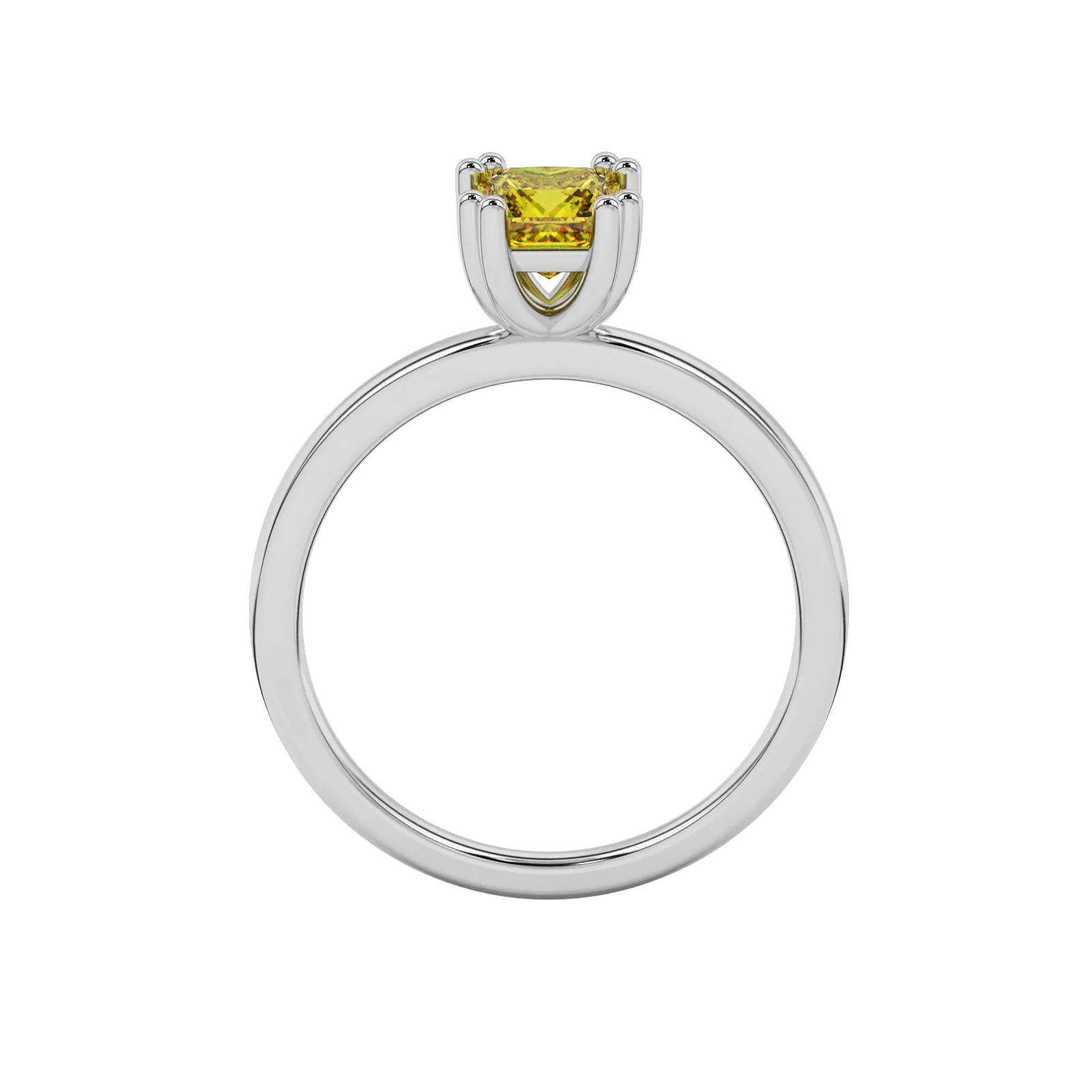 Princess canary yellow gemstone ring, white gold vintage basket setting.