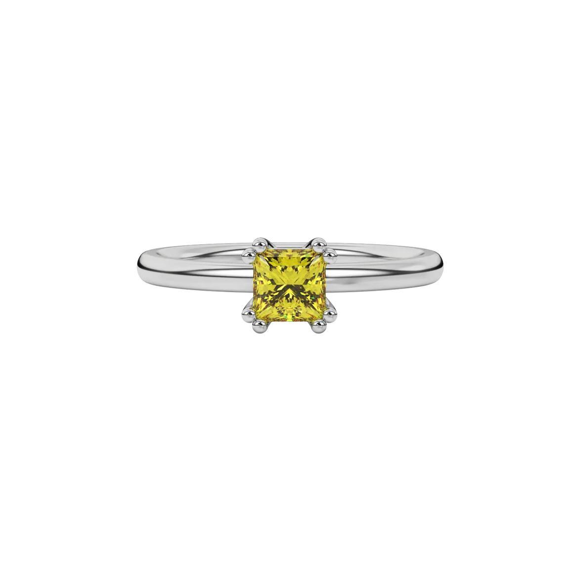 Close-up canary yellow gemstone ring, white gold vintage setting