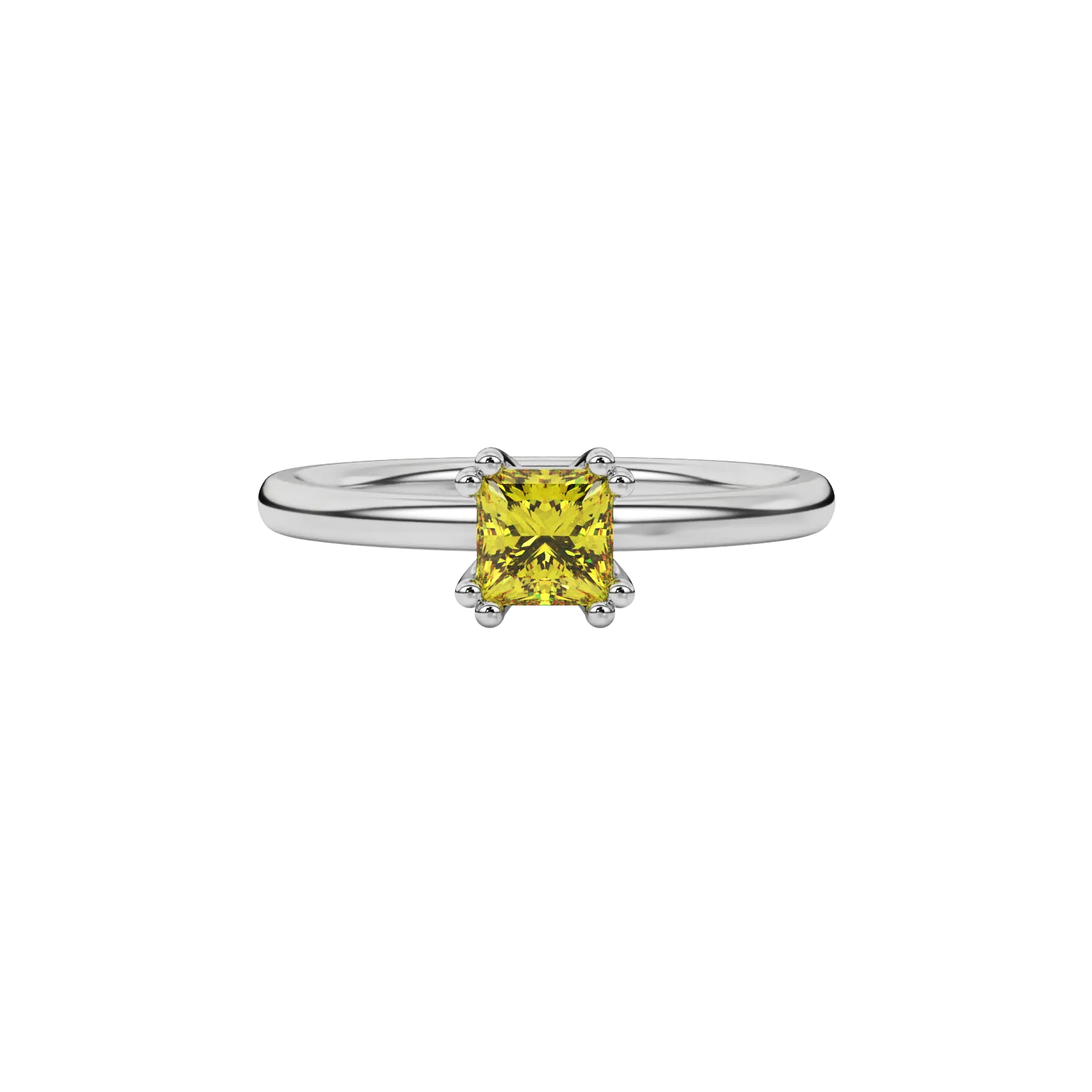 Close-up canary yellow gemstone ring, white gold vintage setting