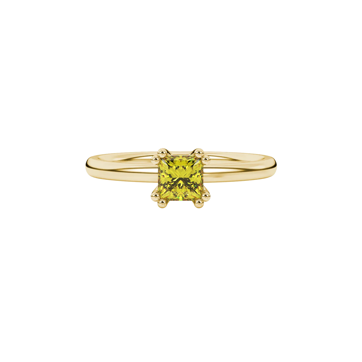 Close-up, princess canary yellow gemstone, yellow gold vintage ring.
