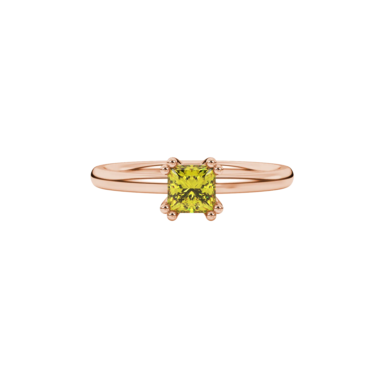 Close-up, princess canary yellow gemstone ring, rose gold vintage setting.
