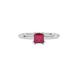 Close-up raspberry red gemstone ring, white gold vintage setting.