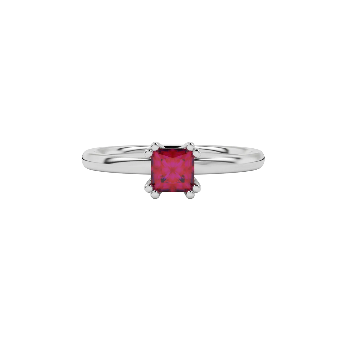 Close-up raspberry red gemstone ring, white gold vintage setting.
