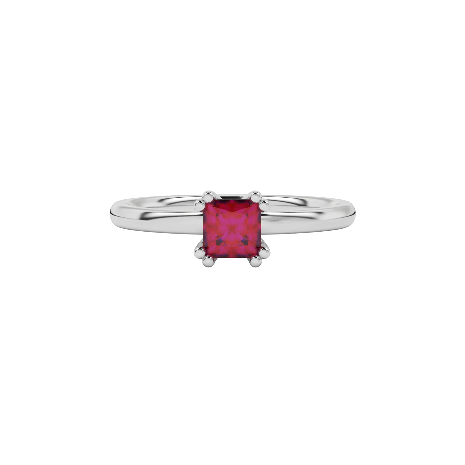 Close-up raspberry red gemstone ring, white gold vintage setting.