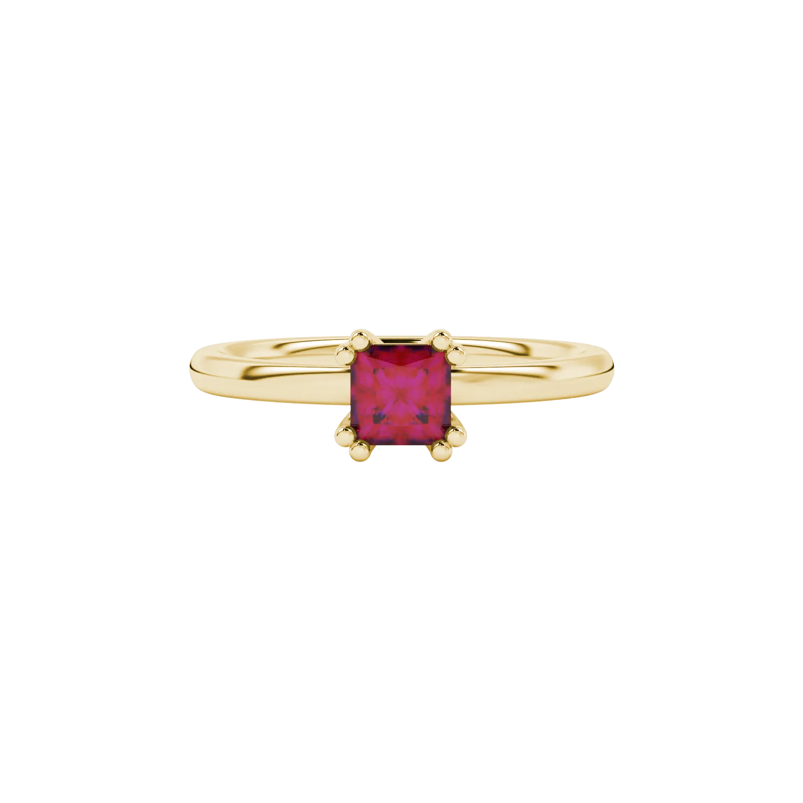 Close-up, princess raspberry red gemstone, yellow gold vintage ring.