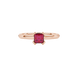 Close-up, princess raspberry red gemstone ring, rose gold vintage setting.