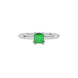 Close-up emerald green gemstone ring, white gold vintage setting.