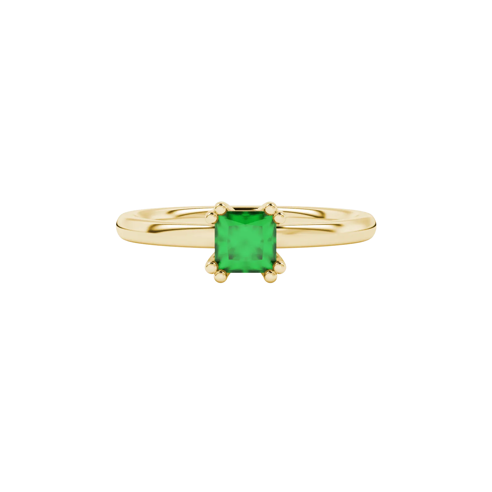 Close-up, princess emerald green gemstone, yellow gold vintage ring.