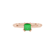 Close-up, princess emerald green gemstone ring, rose gold vintage setting.
