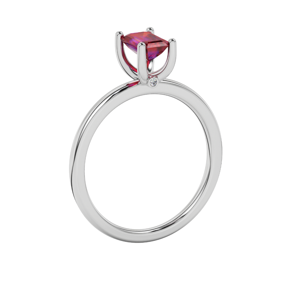 Emerald cut red gemstone solitaire ring with modern double shank design