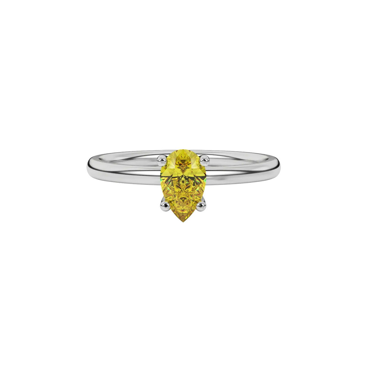 Close-up canary yellow gemstone ring, white gold four-prong setting.