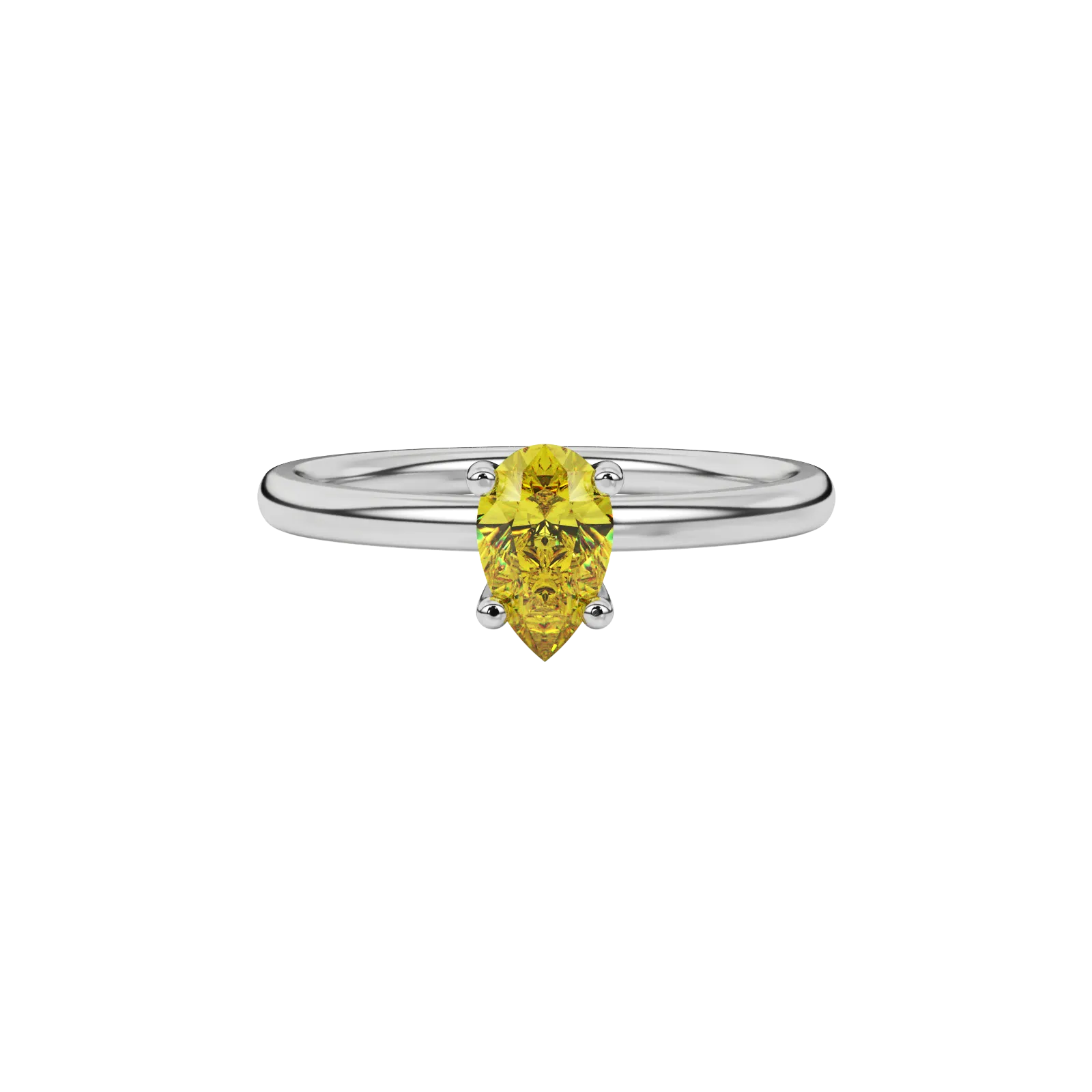 Close-up canary yellow gemstone ring, white gold four-prong setting.
