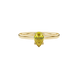 Close-up, pear shape canary yellow gemstone, yellow gold four-prong ring.